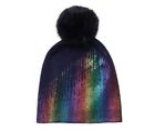 ADRIENNE LANDAU Womens Hat Beanie Navy Blue Metallic Rainbow Faux Fur Pom Pom