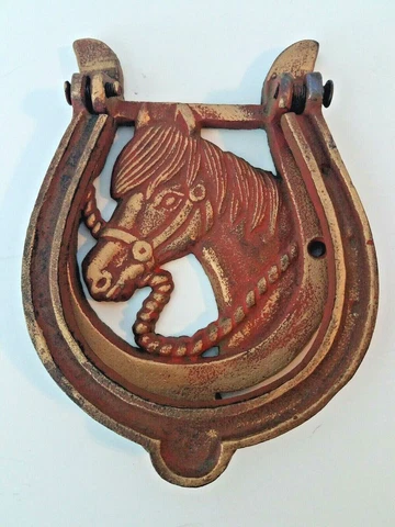 Cast Iron Horse with Horseshoe Painted Red Vintage Western Country Door Knocker Cover