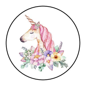 30 1.5" UNICORN FLOWERS FAVOR LABELS ROUND STICKERS ENVELOPE SEALS - Picture 1 of 1