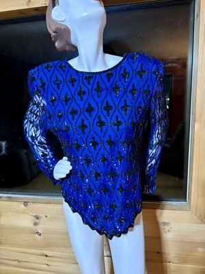 Vintage Lawrence Kazar  Beaded Silk Blouse Xl Blue With Black Sequin Design! - Image 1 of 4
