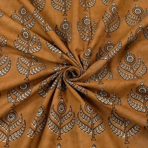 Brown Dabu Hand Block Floral Print Fabric Indian 100% Cotton Dressmaking By Yard - Picture 1 of 5