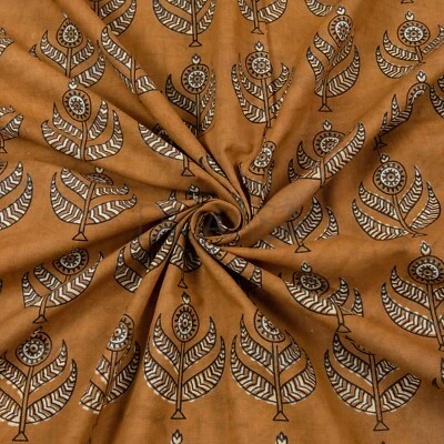 Brown Dabu Hand Block Floral Print Fabric Indian 100% Cotton Dressmaking By Yard - Image 1 of 4