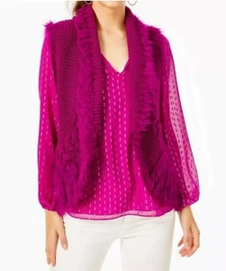Small Lilly Pulitzer Torini Vest Knit Faux Fur Trim Pink / Purple - Picture 1 of 7