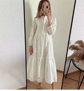 ZARA WHITE COLLARED CUTWORK EMBROIDERY MIDI DRESS WITH LINING SIZE XS BNWT - Picture 1 of 8