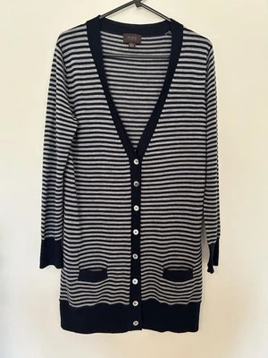 Pure Collection 100% Wool Blue Grey Striped Long Cardigan Size 14 - Image 1 of 4