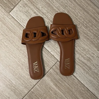 Zara Raised Accent Detail Leather Slides US 10.5/ EU 41 Brown Flats - Image 1 of 4