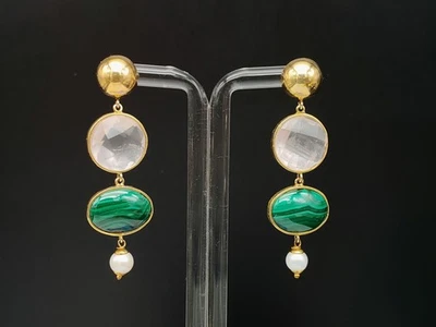 Orecchini donna malachite quarzo rosa perla arg. 925 plac oro fatti in Italia - Immagine 1 di 4