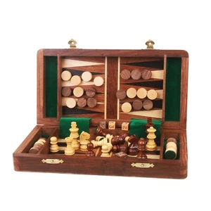 2 in 1 Magnetisches Reise - Schach & Backgammon in Goldenem Palisander 10" - Picture 1 of 7