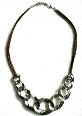 Collar Necklace Chain Double Leather Straps Brown Silver Tone Statement 17 inch - Image 1 of 4