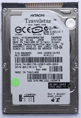 Hitachi Travelstar 20GB IDE 2.5" Laptop HDD Model HTS548020M9AT00 P/N: 08K0855 - Image 1 of 2