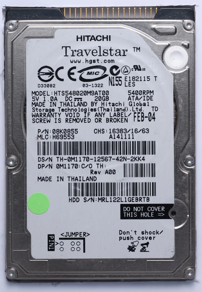 Hitachi Travelstar 20GB IDE 2.5" Laptop HDD Model HTS548020M9AT00 P/N: 08K0855 - Image 1 of 2