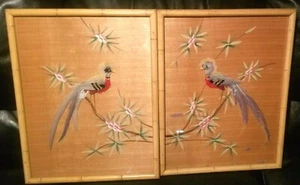 2 TROPICAL BIRDS MADE BY REAL FEATHERS IN BAMBOO TYPE FRAMES 15" X 20" - Picture 1 of 3