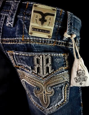 $220 Hombres Rock Revival Jeans "Raelyn" Cuero Grueso Inserciones Bota 28 X 33 Foto 1 de 4