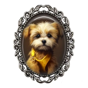 Morkie Puppy Dog Maltese Yorkshire Terrier Glass Top Brooch Pin Photo Jewelry - Picture 1 of 4