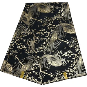 Estampado de paraguas de tela africana 100 % algodón 6 yardas Ankara negro dorado adornado - Imagen 1 de 24