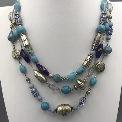 Avon Silver Tone Blue Glass and Acrylic Bead 3 Strand Necklace 19-22” - Image 1 of 4