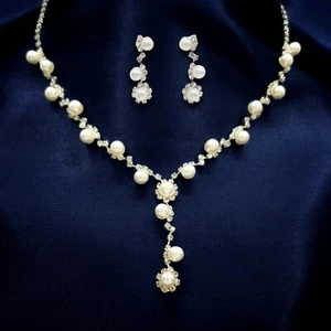 Pearl CZ Crystal Bridal Wedding Jewellery Set Earrings Necklace Prom Graduation - Picture 1 of 16