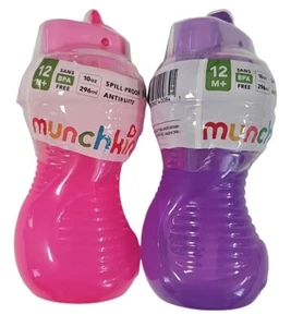 Munchkin Mighty Grip Flip Straw Cups 2 Pack - 1 Pink & 1 Purple Spill Proof NEW - Picture 1 of 3