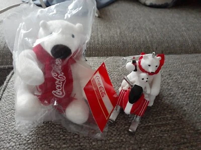Lot Coca-Cola MINI COKE POLAR BEAR 4" 2020 Plushie & 2019 Ornament Snowslede Nwt - Image 1 of 4