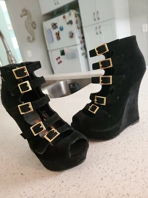 Shoedazzle Sky High Sexy Negro Terciopelo Puntera Abierta Plataforma Cuñas 6.5  Foto 1 de 4