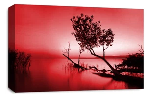 Large Floral Landscape Sunset Art Print Red Grey Framed Canvas Picture - Picture 1 of 6