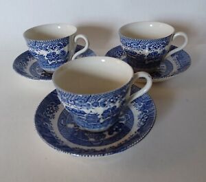 Barratts of Staffordshire Vintage Willow Pattern Set of 3 Cups and Saucers VGC