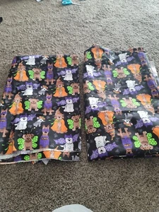 Colorful Cute Halloween Dogs in Costumes with Paw Prints Black Fabric Lot of 2 - Picture 1 of 2