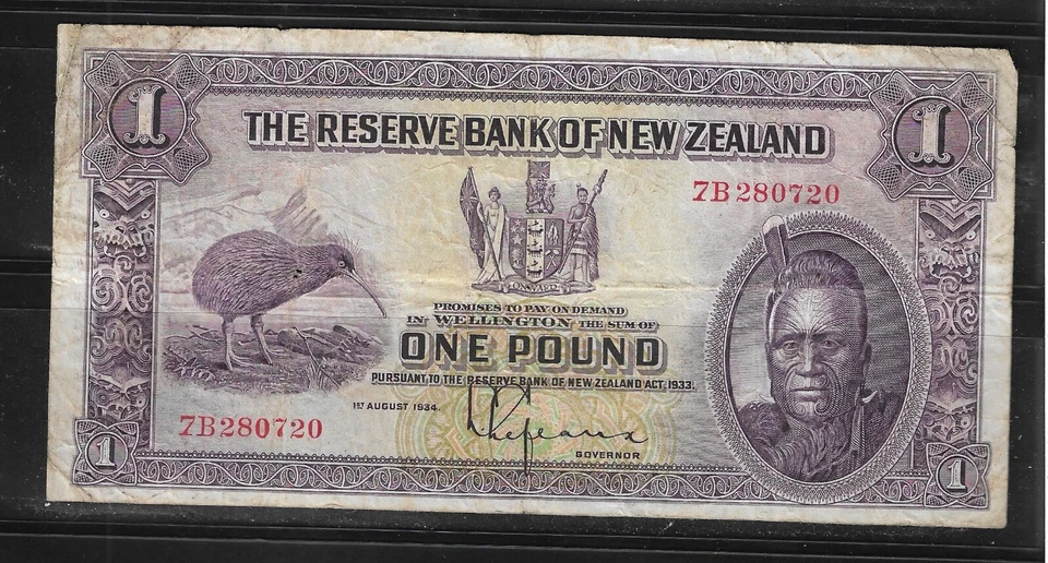 New Zealand 1934-40 rare 1 POUND Lefeaux banknote - Image 1 of 2