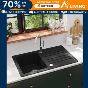 Granite Kitchen Sink Single Basin with Drainer Reversible Black Durable Mo 45513 - Picture 1 of 8