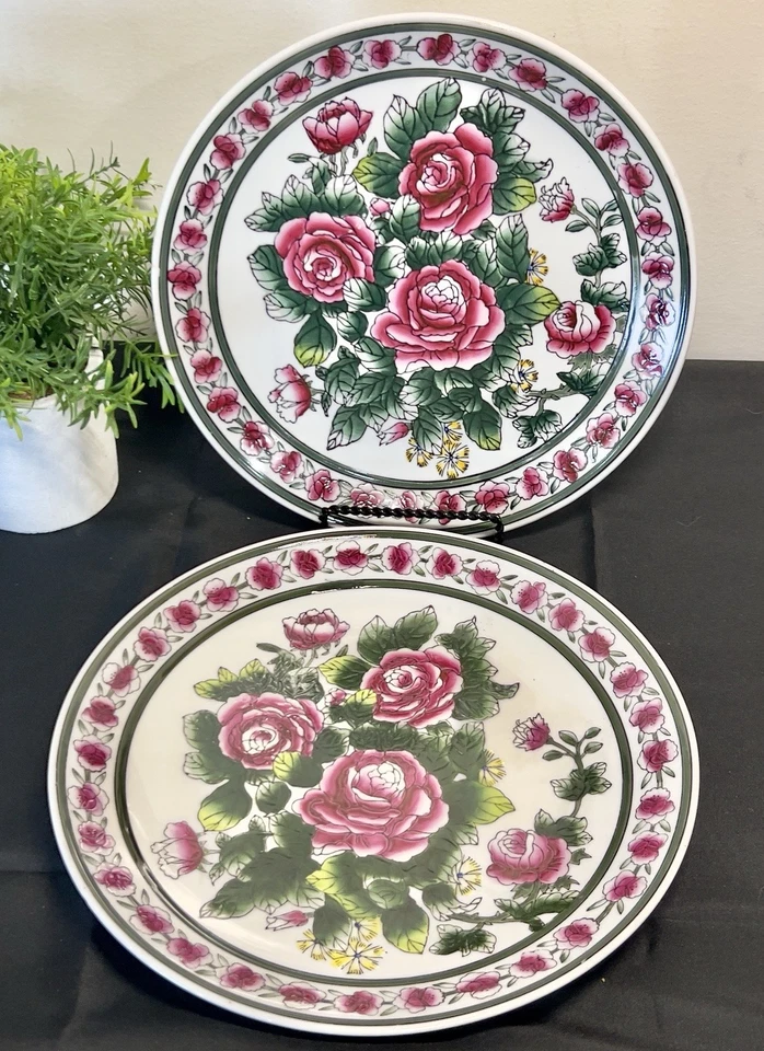 2 platos decorativos grandes vintage de cerámica con rosas rosadas Foto 1 de 4