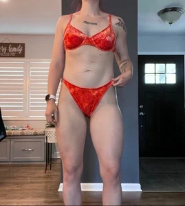 Too Hot Brazil Red & Orange Velvet Bikini - Women’s Large - Vintage High Rise - Picture 1 of 6