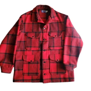 VTG Pendleton USA Mackinaw Cruiser Jacket Red Black Buffalo Plaid Virgin Wool XL - Picture 1 of 22