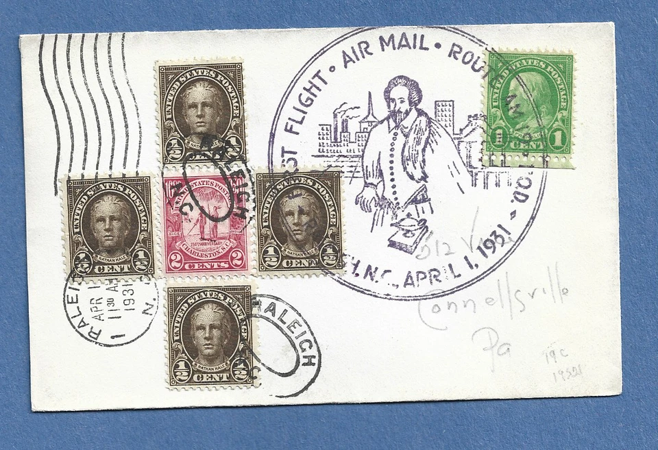 FIRST FLIGHT AM 19 RALEIGH N.C TO CONNELLSVILLE PA APR 1,1931 - Image 1 of 1