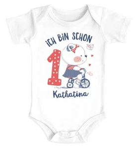 Baby Body mit Namen und Zahl zum 1. Geburtstag kleiner Bär Geschenk Mädchen - Bild 1 von 4