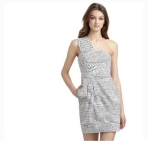 BCBG Max Azria Estella Kleid One Shoulder schwarz weiß Größe 6 ausverkauft UVP 268 $ - Bild 1 von 12