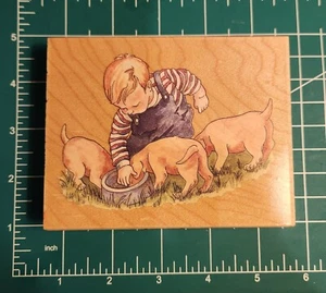 Stempel Happen Gummistempel Kleiner Junge mit Welpen Kamm-Schiff B4 - Bild 1 von 5