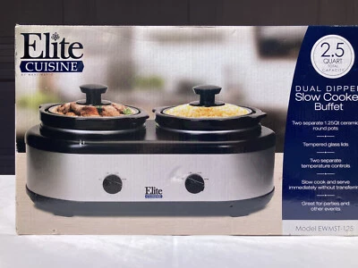 NIB Elite Cuisine dual dipper buffet slow cooker two 1.25 qt pots lids EWMST-125 - Image 1 of 4