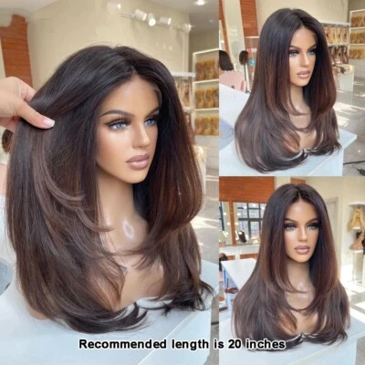 Бесклеевой коричневый многослойный парик Ombre из 100% человеческих волос 4x4 с кружевной передней частью Remy - Изображение 1 из 4