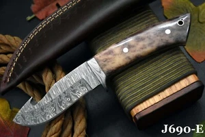 Custom Damascus Steel Gut Hook Hunting Knife Handmade,Camel Bone Handle (J690-E) - Picture 1 of 6