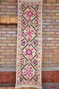 Suzani Table Runner, Uzbek Chamomile Pomegranate Embroidery, Handmade, Silk,Pink - Picture 1 of 10