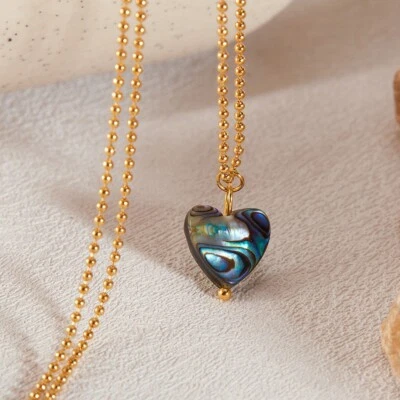18k Gold Stainless Steel Necklace Love Heart Abalone Shell Pendant Accessory 20' - Image 1 of 4