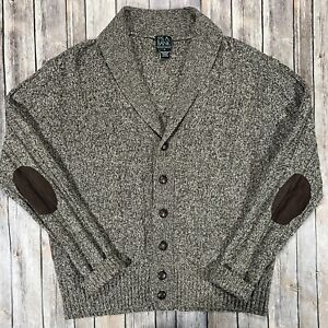 Jos A Bank Lambswool Cardigan Sweater Cable Knit Shawl Elbow Patch XL Mens Brown