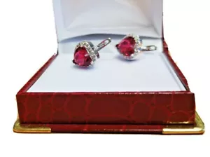 White gold finish and created diamond Heart Ruby Gorgeous earrings gift box - Picture 1 of 10