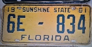 Florida Sunshine State License Plate 6E-834 Original 1961 Yellow /Blue - Picture 1 of 1