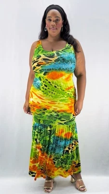 Plus Size Women’s 1X-3X Bright Animal Print Maxi Dress Ruffle Hem Bold Colors - Image 1 of 4