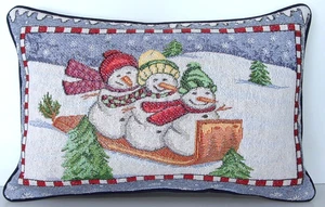 Snowmen Sleighing Downhill, Three Snowmen, Metallic Glitter Tapestry Pillow New - Picture 1 of 9