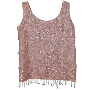Canottiera vintage anni 60 L lana rosa completa di perline con frange glam formale preppy - Foto 1 di 5