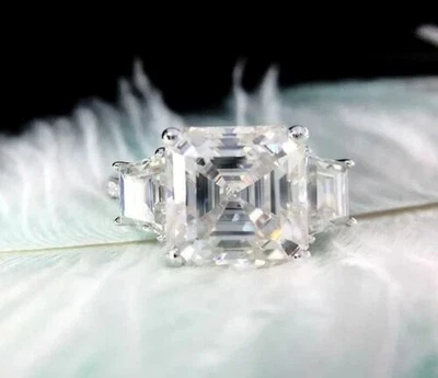 3Ct Asscher Lab Created Diamond Three-Stone Engagement Ring 14K White Gold Over - Image 1 of 4