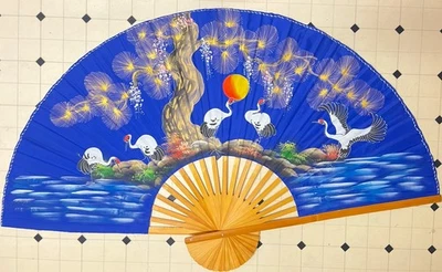 Ventilador de parede vintage pintado à mão 5 guindastes azul real seda bambu 60”x 35” asiático - Imagem 1 de 3