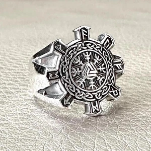 Handcrafted 925 Sterling Silver Valknut Viking Compass Rune Circle Celtic Ring - Picture 1 of 6